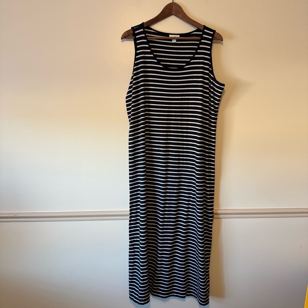 J Jill Navy Blue White Stripe Maxi Dress Large Sleeveless Pima Cotton